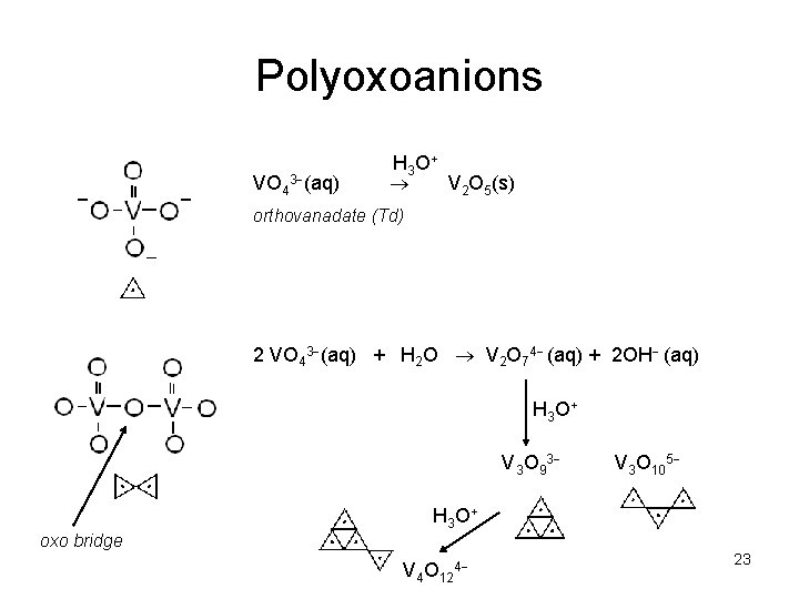 Polyoxoanions VO 43 (aq) H 3 O + V 2 O 5(s) orthovanadate (Td)