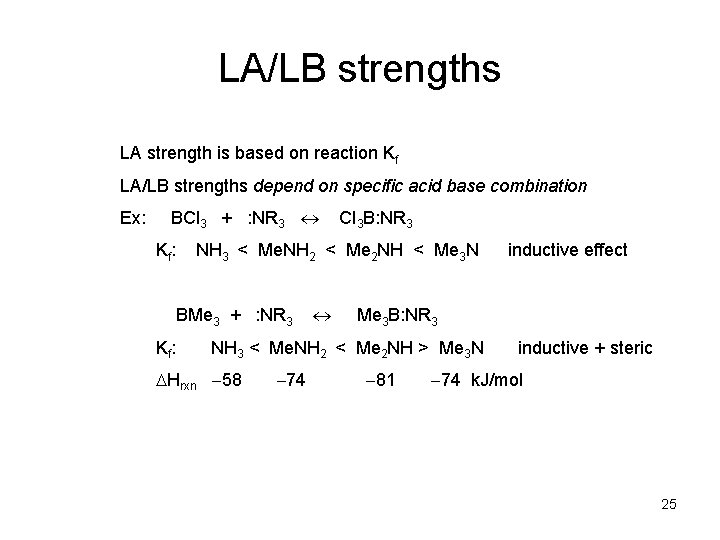 LA/LB strengths LA strength is based on reaction Kf LA/LB strengths depend on specific