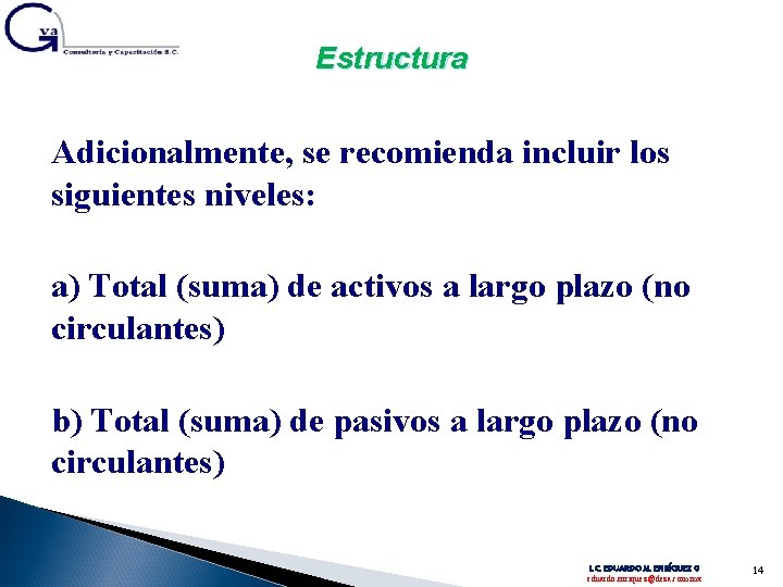 Estructura Adicionalmente, se recomienda incluir los siguientes niveles: a) Total (suma) de activos a