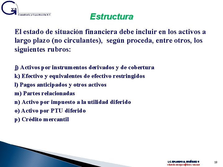 Estructura El estado de situación financiera debe incluir en los activos a largo plazo