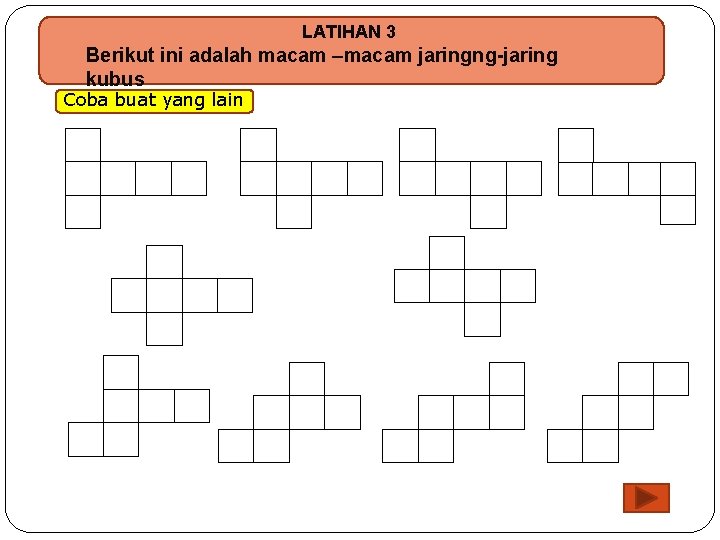 LATIHAN 3 Berikut ini adalah macam –macam jaringng-jaring kubus Coba buat yang lain 