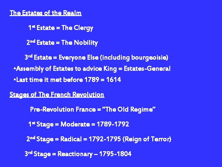 The Estates of the Realm 1 st Estate = The Clergy 2 nd Estate