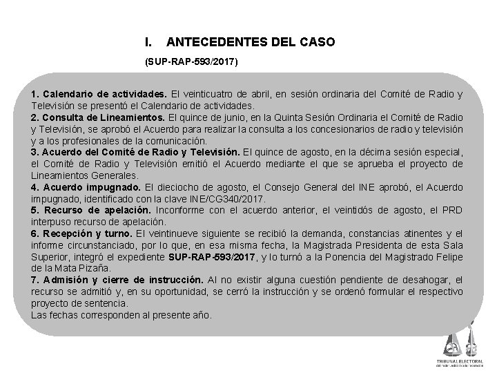 I. ANTECEDENTES DEL CASO (SUP-RAP-593/2017) 1. Calendario de actividades. El veinticuatro de abril, en