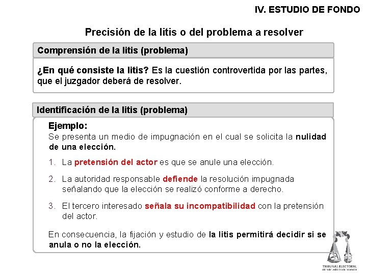 IV. ESTUDIO DE FONDO Precisión de la litis o del problema a resolver Comprensión