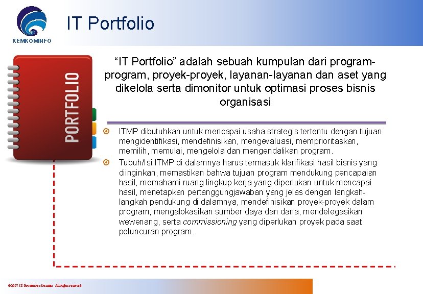 IT Portfolio KEMKOMINFO “IT Portfolio” adalah sebuah kumpulan dari program, proyek-proyek, layanan-layanan dan aset