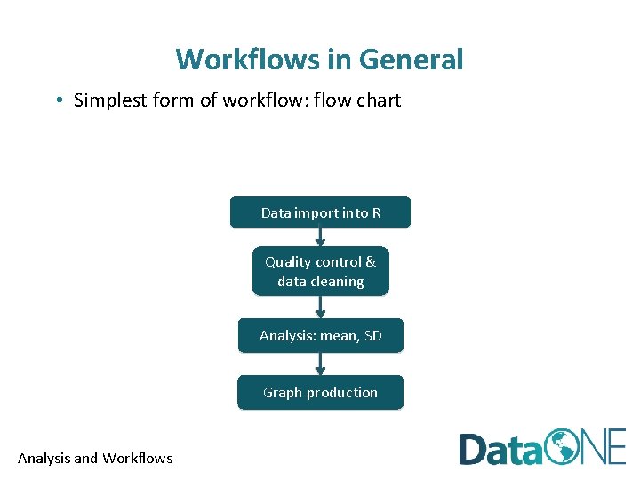 Workflows in General • Simplest form of workflow: flow chart Data import into R