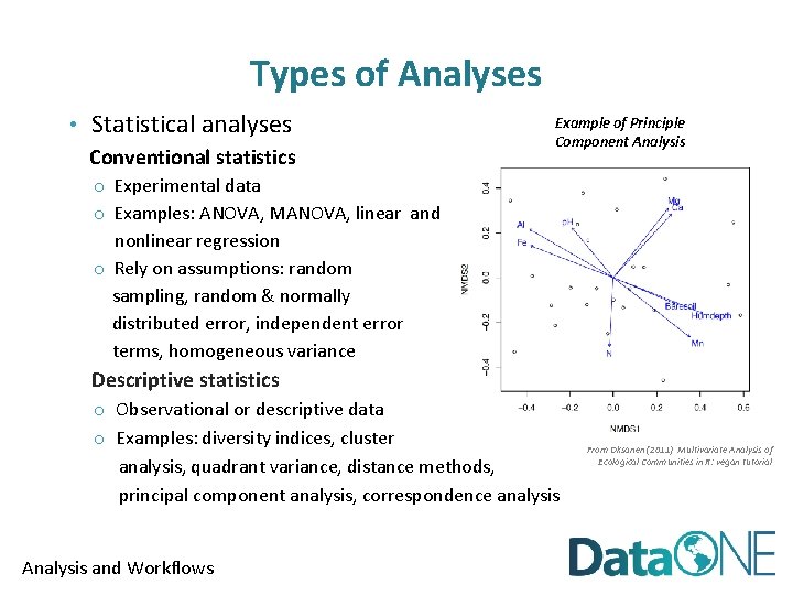 Types of Analyses • Statistical analyses Conventional statistics Example of Principle Component Analysis o