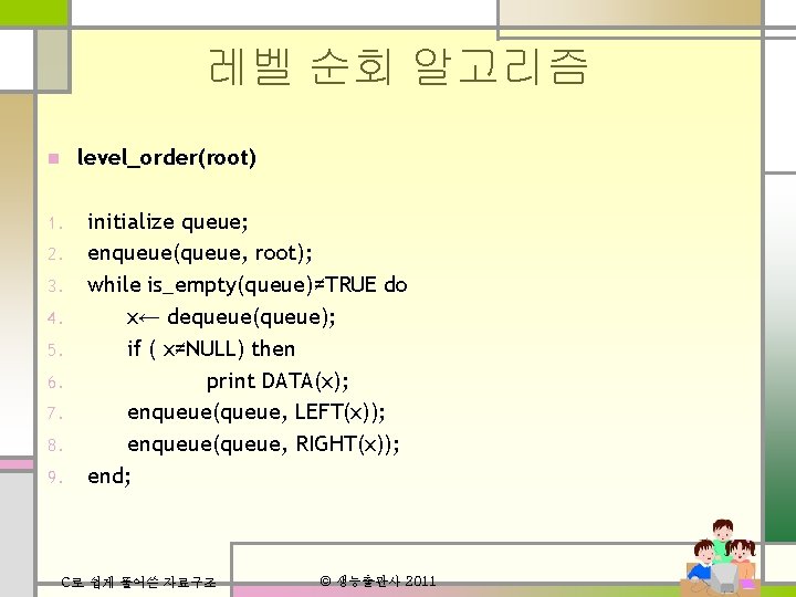 레벨 순회 알고리즘 n 1. 2. 3. 4. 5. 6. 7. 8. 9. level_order(root)