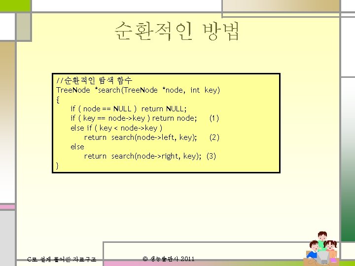 순환적인 방법 //순환적인 탐색 함수 Tree. Node *search(Tree. Node *node, int { if (