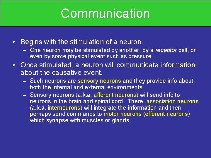 Communication • Begins with the stimulation of a neuron. – One neuron may be