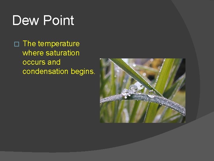 Dew Point � The temperature where saturation occurs and condensation begins. 