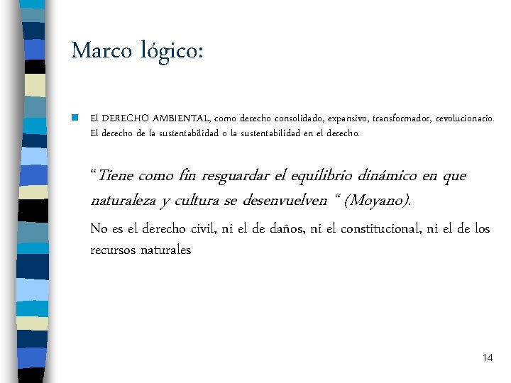 Marco lógico: n El DERECHO AMBIENTAL, como derecho consolidado, expansivo, transformador, revolucionario. El derecho