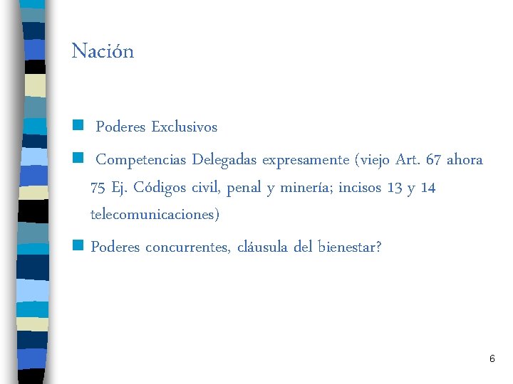 Nación n Poderes Exclusivos n Competencias Delegadas expresamente (viejo Art. 67 ahora 75 Ej.