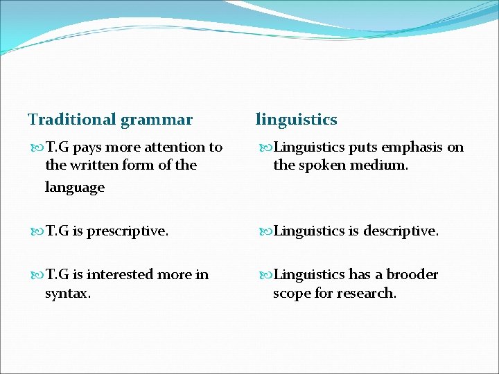 Traditional grammar linguistics T. G pays more attention to the written form of the