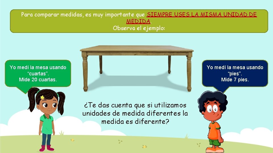 Para comparar medidas, es muy importante que SIEMPRE USES LA MISMA UNIDAD DE MEDIDA.