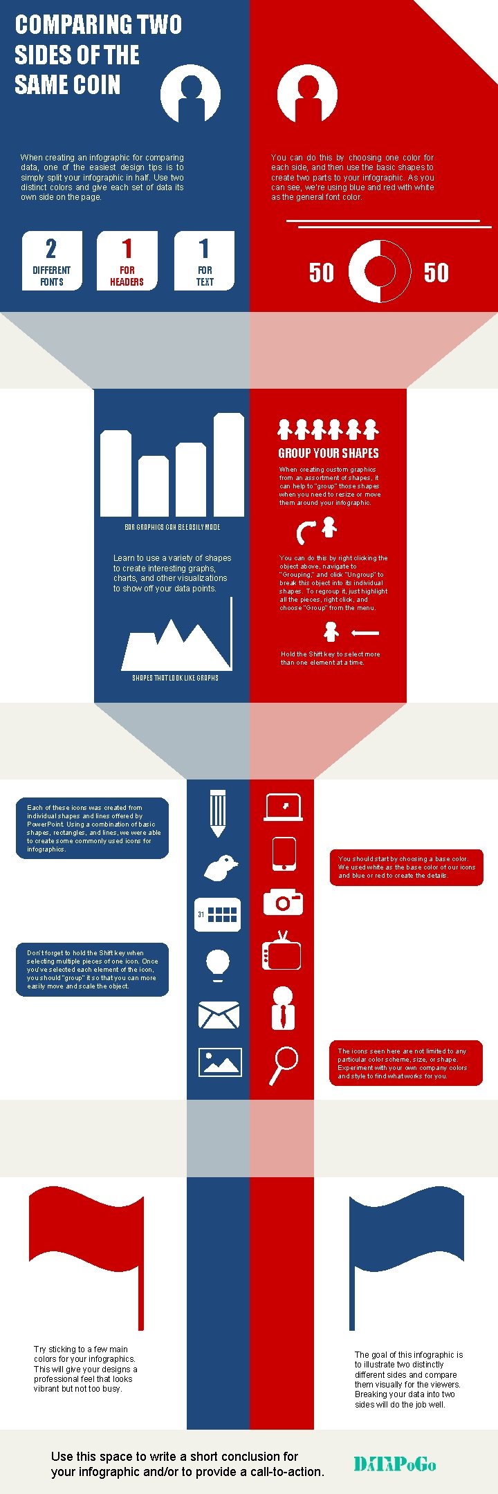 COMPARING TWO SIDES OF THE SAME COIN When creating an infographic for comparing data,