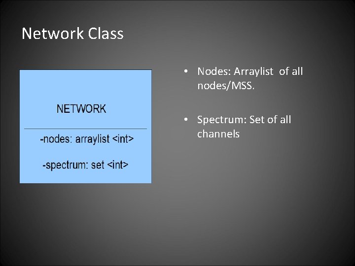 Network Class • Nodes: Arraylist of all nodes/MSS. • Spectrum: Set of all channels