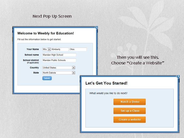 Next Pop Up Screen Then you will see this. Choose “Create a Website” 