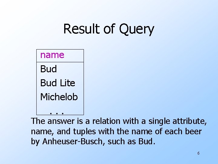 Result of Query name Bud Lite Michelob. . . The answer is a relation