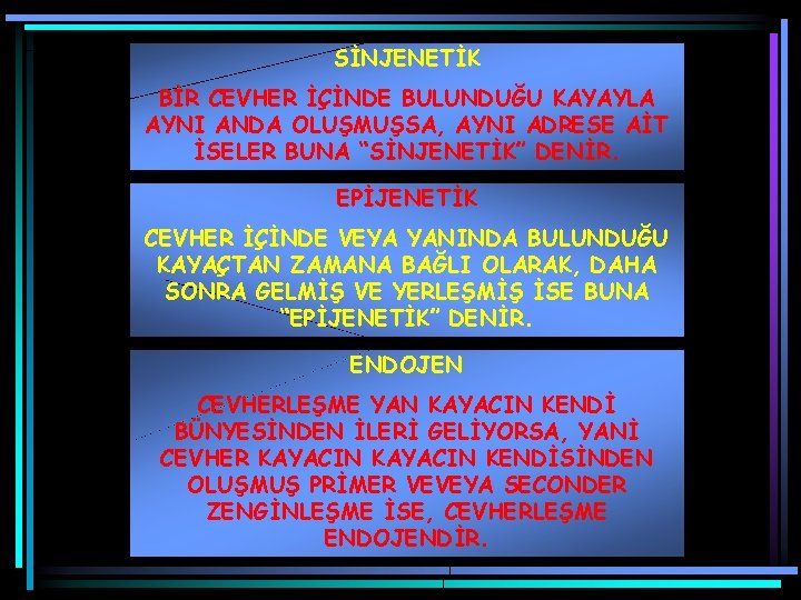 SİNJENETİK BİR CEVHER İÇİNDE BULUNDUĞU KAYAYLA AYNI ANDA OLUŞMUŞSA, AYNI ADRESE AİT İSELER BUNA