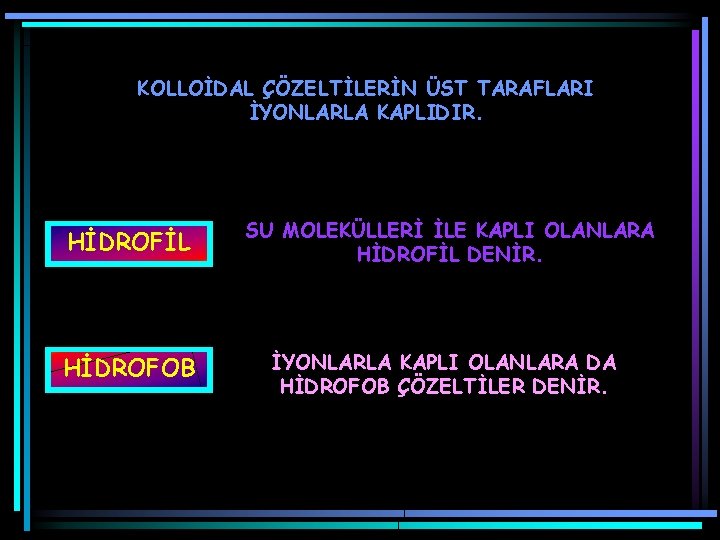 KOLLOİDAL ÇÖZELTİLERİN ÜST TARAFLARI İYONLARLA KAPLIDIR. HİDROFİL SU MOLEKÜLLERİ İLE KAPLI OLANLARA HİDROFİL DENİR.