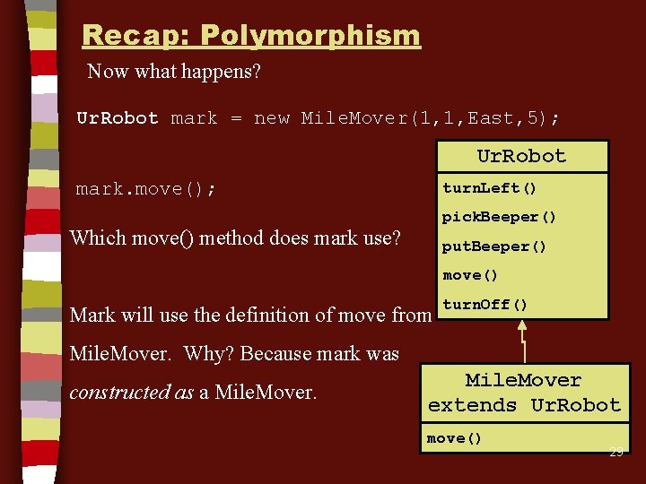 Recap: Polymorphism Now what happens? Ur. Robot mark = new Mile. Mover(1, 1, East, Recap: Polymorphism Now what happens? Ur. Robot mark = new Mile. Mover(1, 1, East,