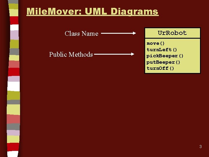 Mile. Mover: UML Diagrams Class Name Public Methods Ur. Robot move() turn. Left() pick. Mile. Mover: UML Diagrams Class Name Public Methods Ur. Robot move() turn. Left() pick.