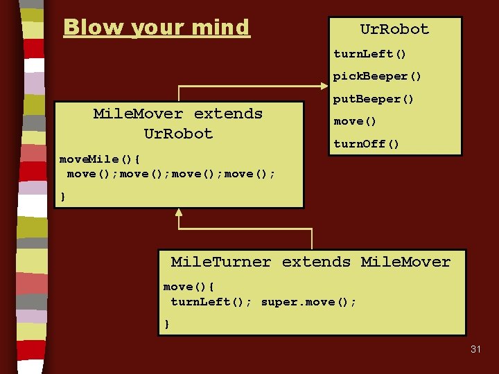 Blow your mind Ur. Robot turn. Left() pick. Beeper() Mile. Mover extends Ur. Robot