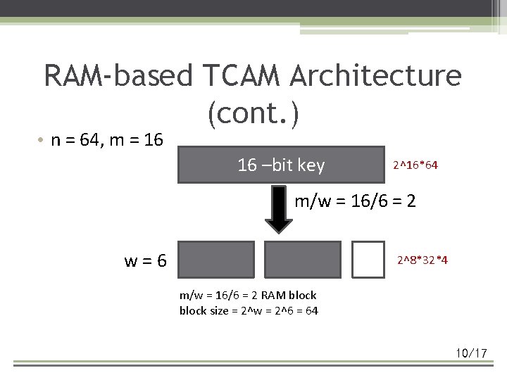 RAM-based TCAM Architecture (cont. ) • n = 64, m = 16 16 –bit