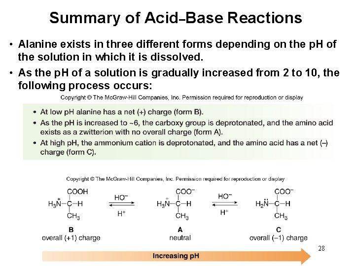 Summary of Acid–Base Reactions • Alanine exists in three different forms depending on the