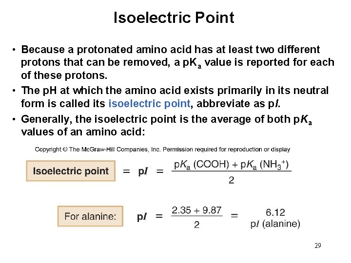 Isoelectric Point • Because a protonated amino acid has at least two different protons