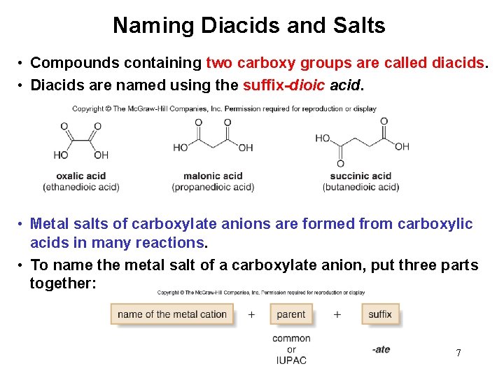Naming Diacids and Salts • Compounds containing two carboxy groups are called diacids. •