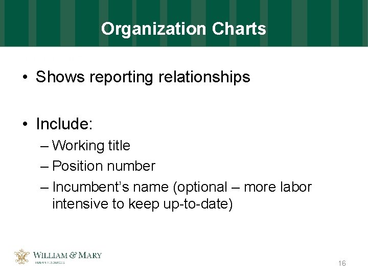 Organization Charts • Shows reporting relationships • Include: – Working title – Position number