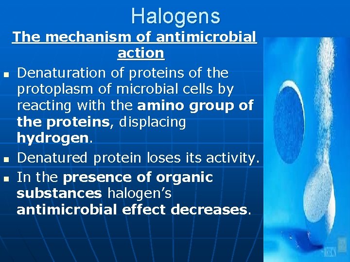 Halogens The mechanism of antimicrobial action n Denaturation of proteins of the protoplasm of