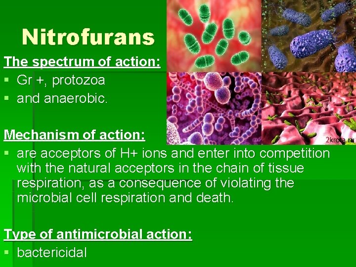 Nitrofurans The spectrum of action: § Gr +, protozoa § and anaerobic. Mechanism of