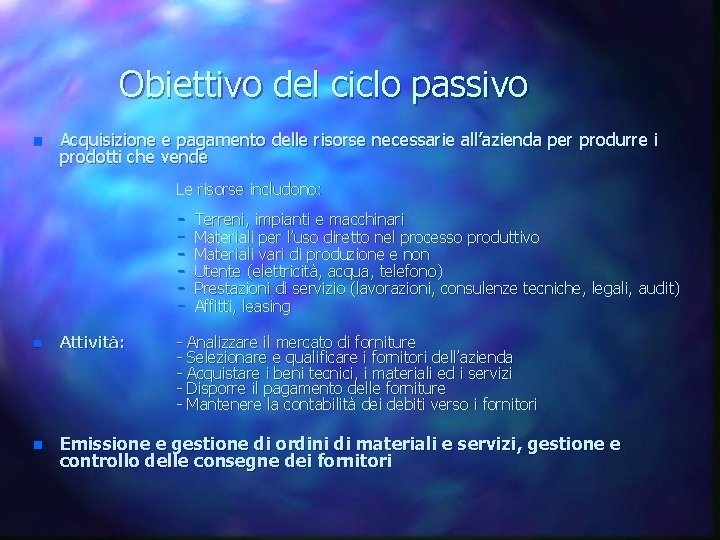 Obiettivo del ciclo passivo n Acquisizione e pagamento delle risorse necessarie all’azienda per produrre