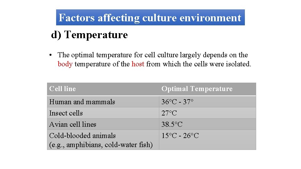 Factors affecting culture environment d) Temperature • The optimal temperature for cell culture largely