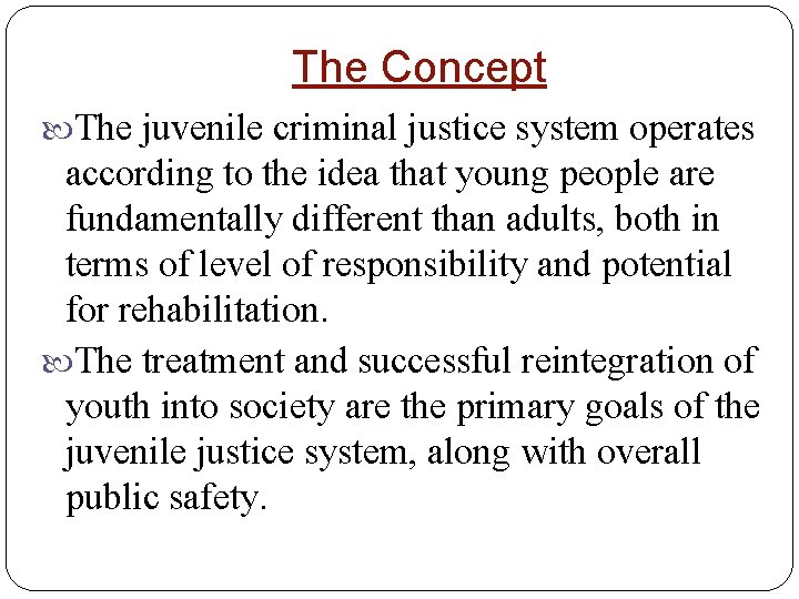 The Concept The juvenile criminal justice system operates according to the idea that young
