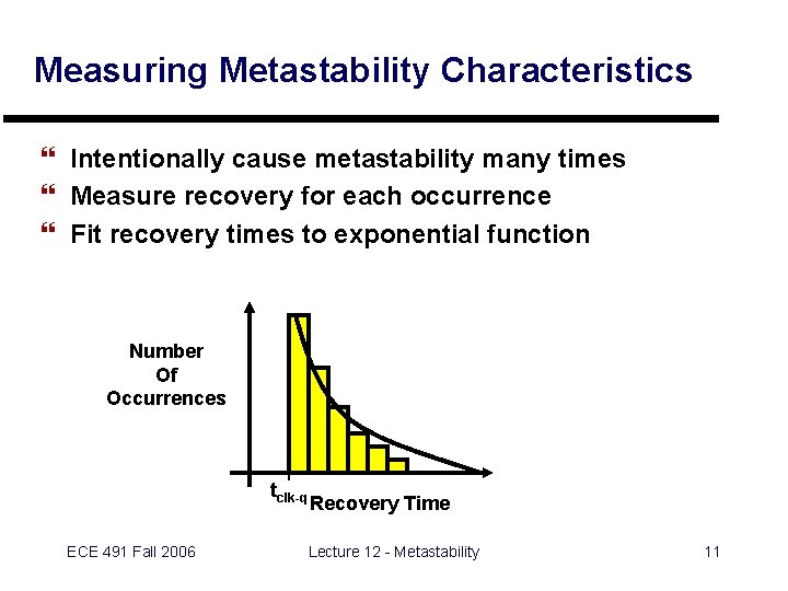 Measuring Metastability Characteristics } Intentionally cause metastability many times } Measure recovery for each