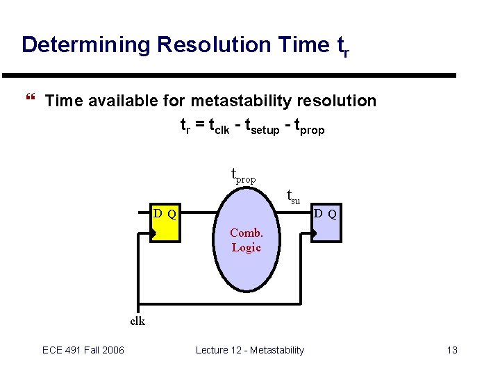 Determining Resolution Time tr } Time available for metastability resolution tr = tclk -