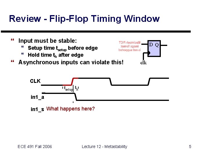 Review - Flip-Flop Timing Window } Input must be stable: DQ } Setup time