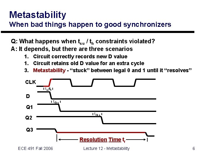 Metastability When bad things happen to good synchronizers Q: What happens when tsu /