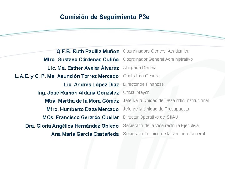 Comisión de Seguimiento P 3 e Q. F. B. Ruth Padilla Muñoz Coordinadora General