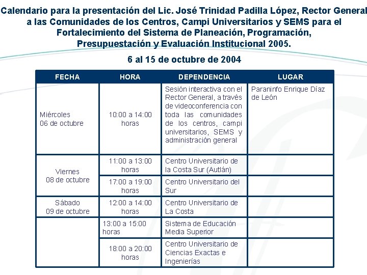 Calendario para la presentación del Lic. José Trinidad Padilla López, Rector General a las