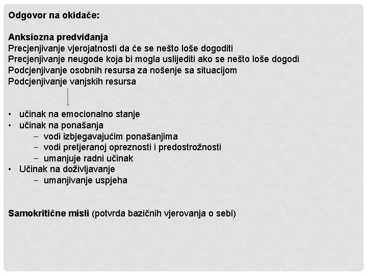 Odgovor na okidače: Anksiozna predviđanja Precjenjivanje vjerojatnosti da će se nešto loše dogoditi Precjenjivanje