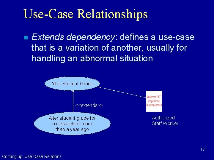 Use-Case Relationships n Extends dependency: defines a use-case that is a variation of another,