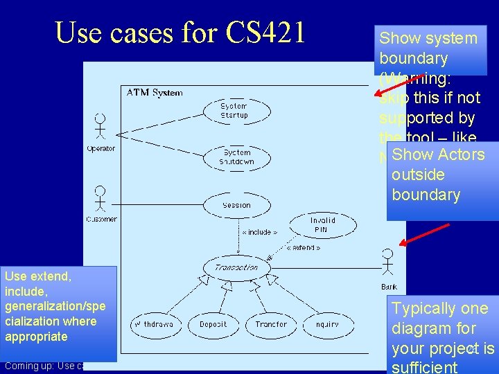 Use cases for CS 421 Use extend, include, generalization/spe cialization where appropriate Coming up: