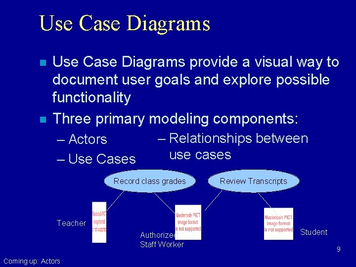 Use Case Diagrams n n Use Case Diagrams provide a visual way to document