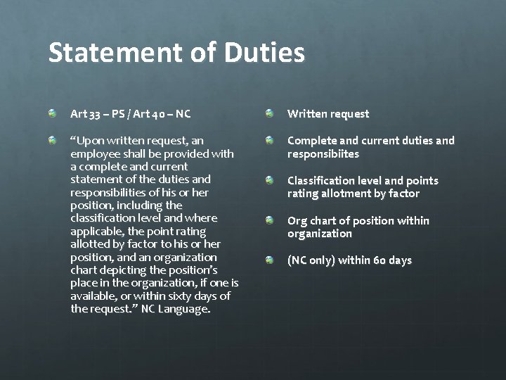 Statement of Duties Art 33 – PS / Art 40 – NC Written request