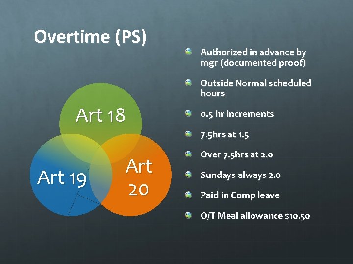 Overtime (PS) Authorized in advance by mgr (documented proof) Outside Normal scheduled hours Art